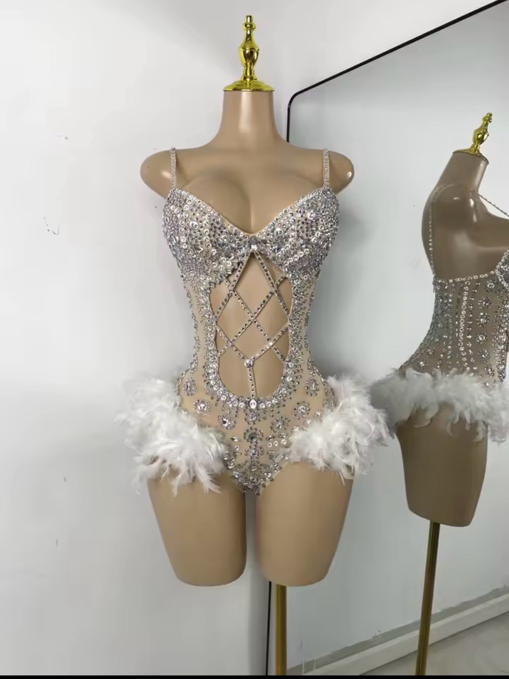 Embellished Silver Sequin & Feather Bodysuit